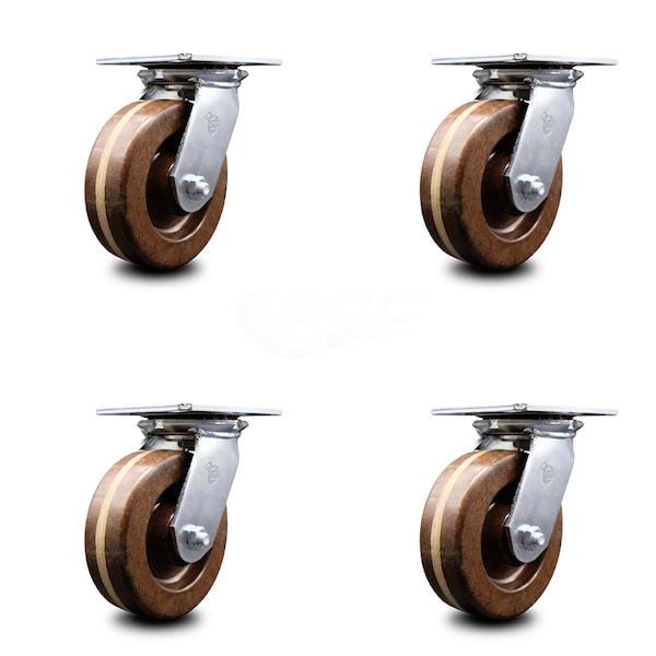 6 Inch Heavy Duty High Temp Phenolic Caster Set with Roller Bearings, 4PK